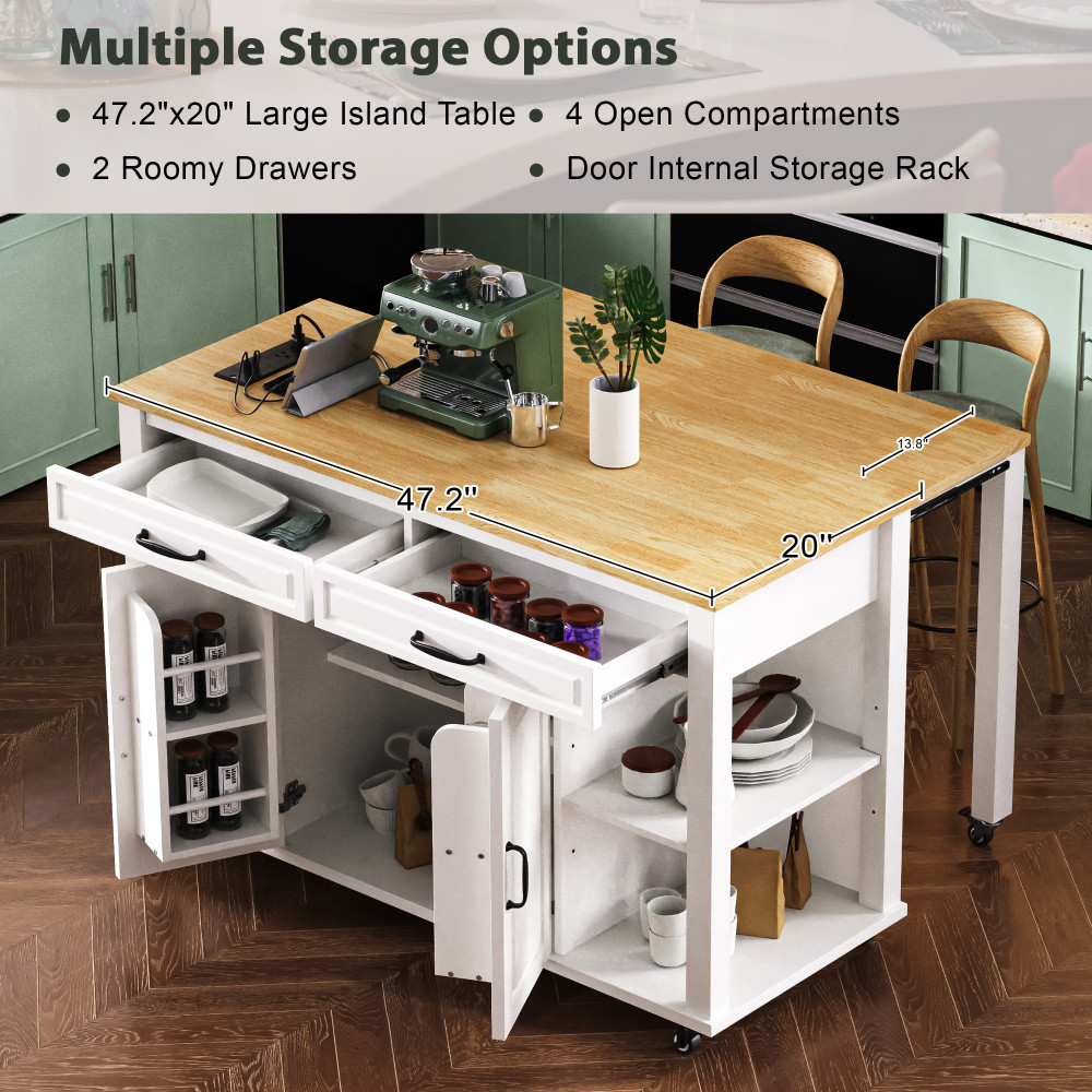Kitchen Island W Extendable Dining Table Internal Storage Rack Storage