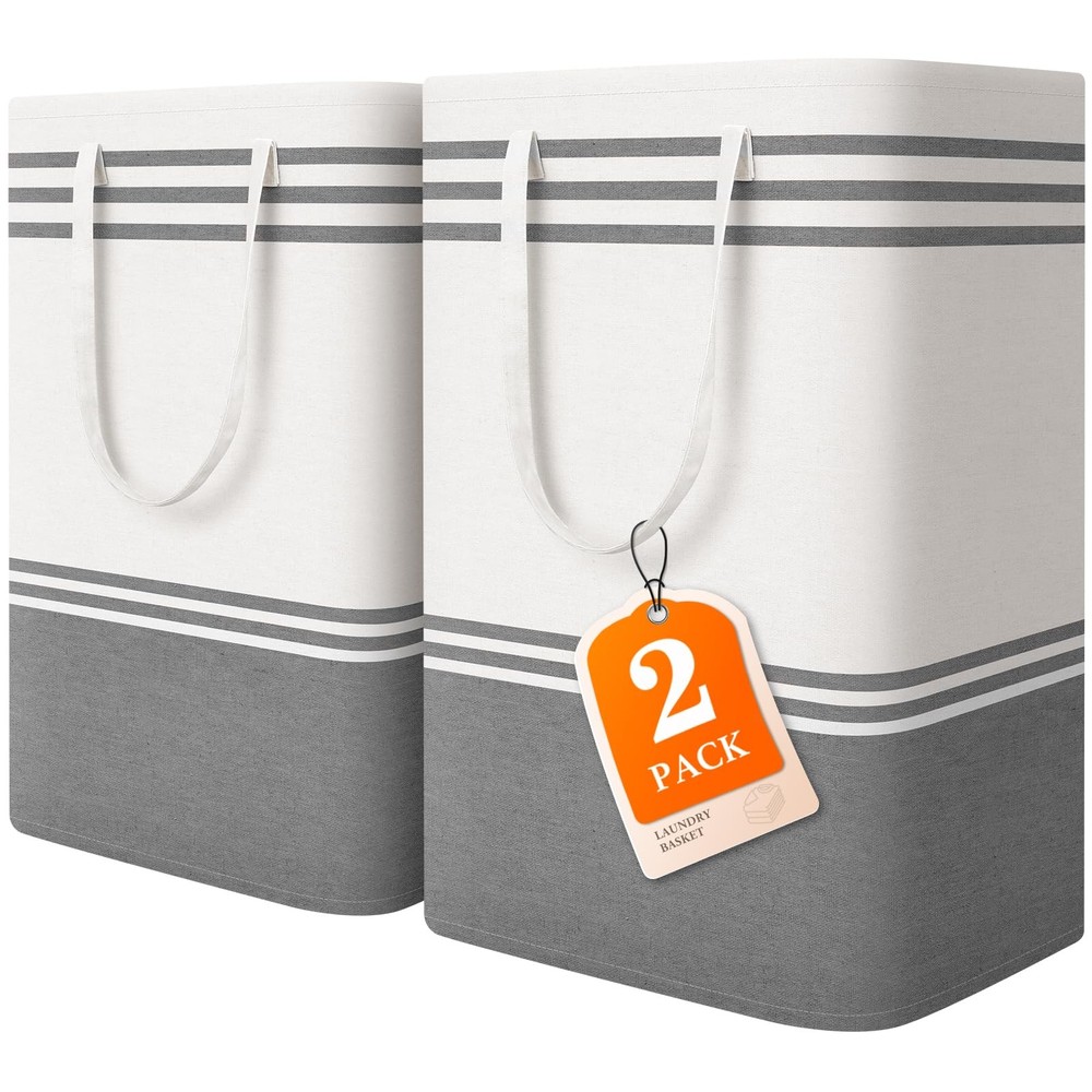 2 Pack Large Laundry Baskets Freestanding Waterproof Collapsible Grey 75L