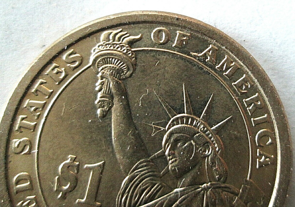 2007-P MADISON DOLLAR, REVERSE DIE CHIP ERROR @ 1ST "A", BR. -UNCIRC. CONDITION