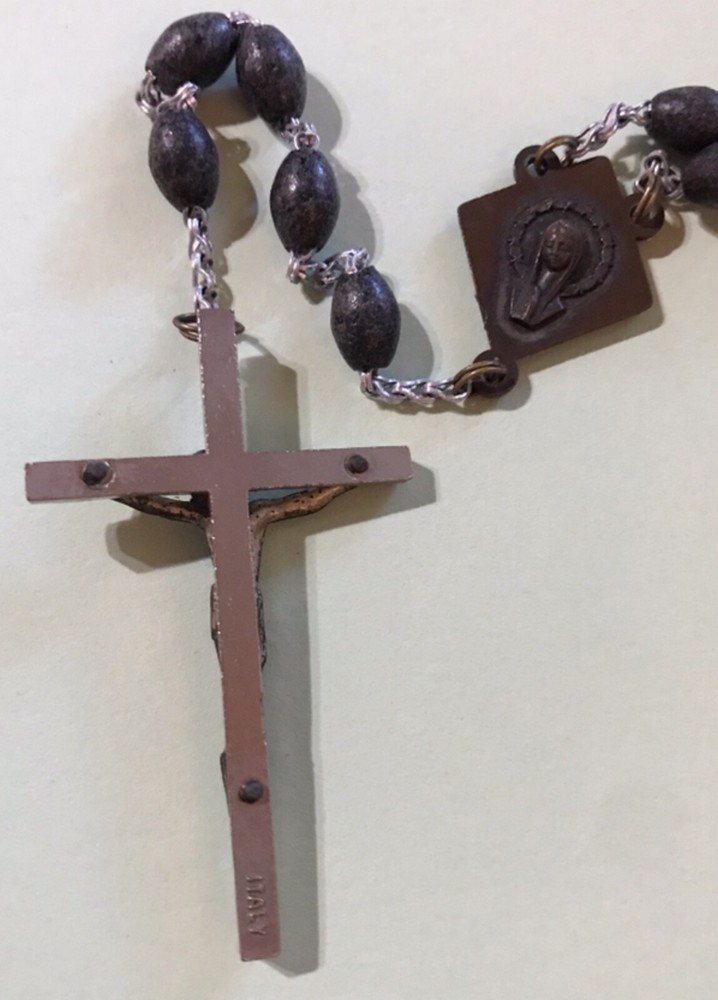 Vintage Rosary with Black Rectangular Beads Made in Italy Prayer Beads Crucifix 