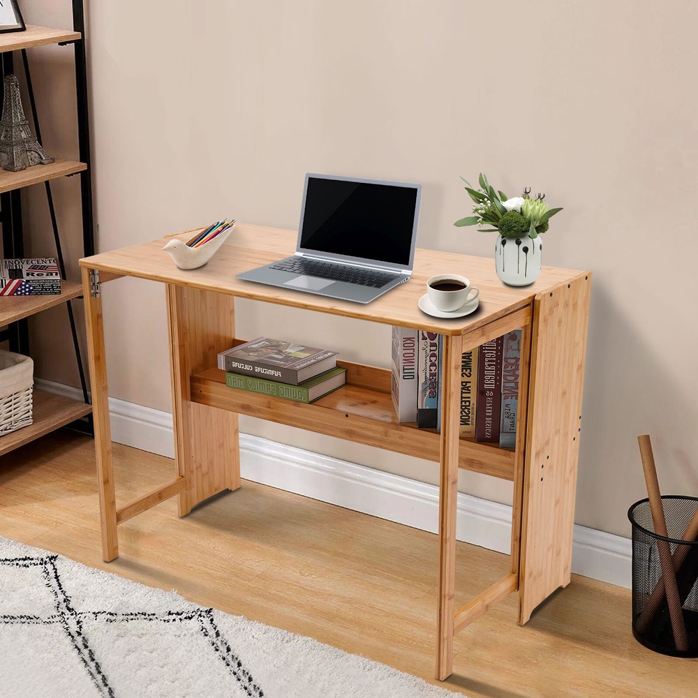 Folding Computer Desk, Modern Writing Table &Storage Shelf Home Office Work Desk