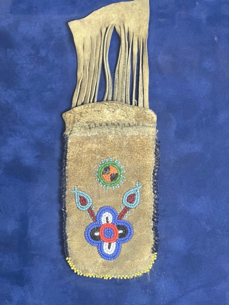 Framed Native American Buckskin Beaded Puzzle Pouch