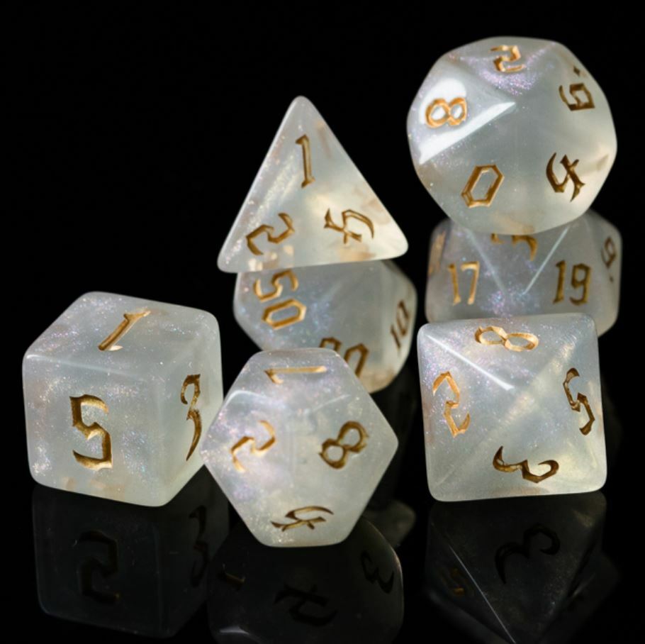 Golden Orcish Script Dice Set Poly RPG DnD Dungeons Dragons AD&D Pathfinder