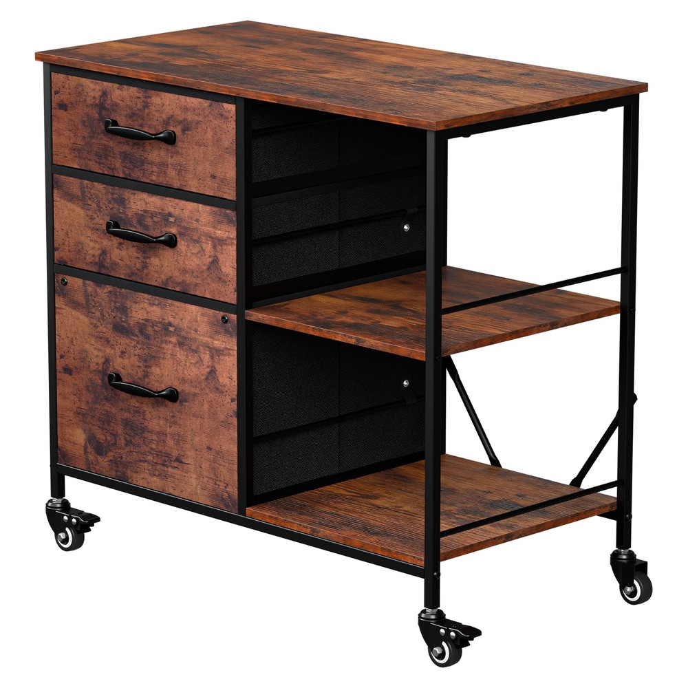 Mobile File Cabinet w/ 3 Drawers & Open Shelf Rolling Printer Stand Rustic Brown
