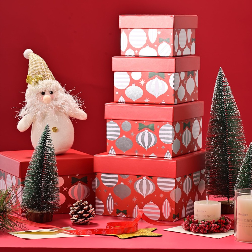 5PCS Christmas Nesting Gift Boxes Set, Red Silver Foil Lantern Flat Square Ca...