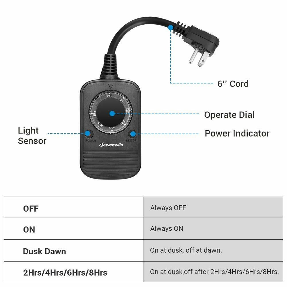 DEWENWILS Outdoor Light Sensor Countdown Timer Weatherproof Photocell 2 Pack