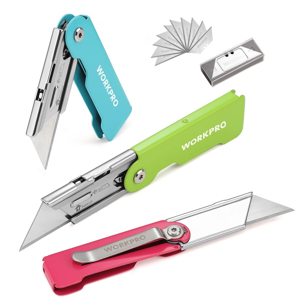 WORKPRO 3-Pack Folding Utility Knife Set, Quick Change Blade Box Cutter, Razo...