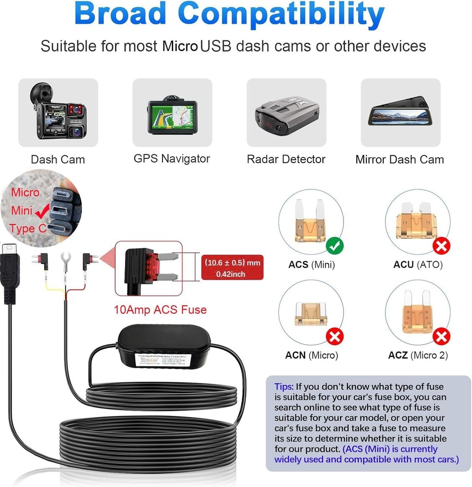 Dash Cam Hardwire Kit Mini USB Low Voltage Protection