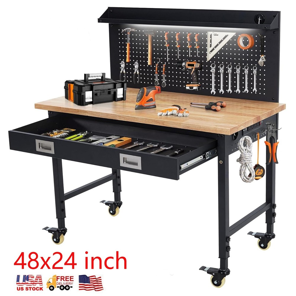 48" Adjustable Height Workbench 2000 LBS Workstation With LED Backplate & Drawer