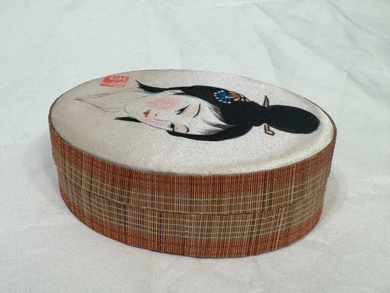 JAPANESE ASIAN CHINESE SILK GREEN WALLET SIGNED OVAL BOX PAINTING GEISHA WOMAN