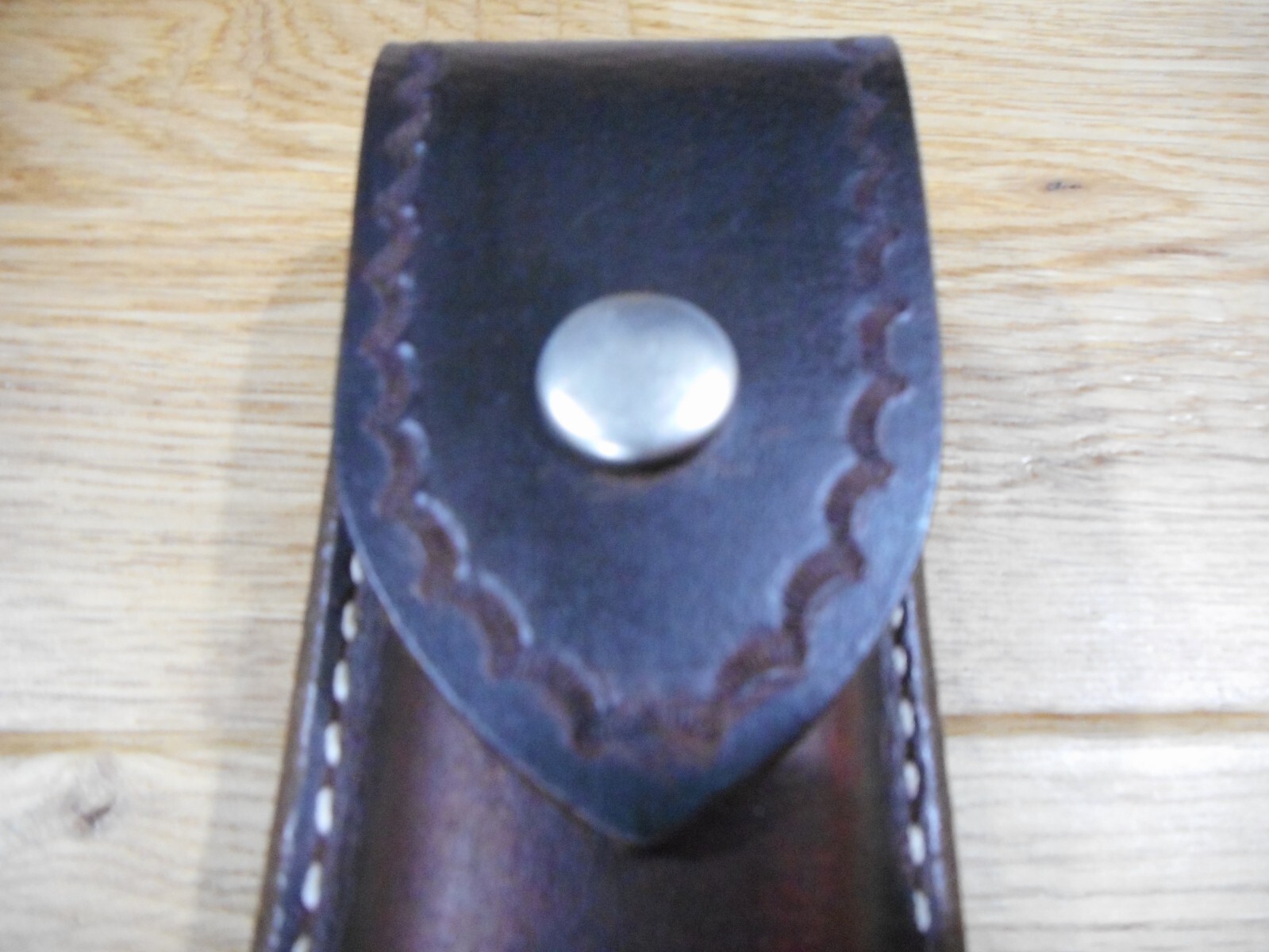Buck 110 custom leather knife sheath. Brown. Tooled flap. Sheath only