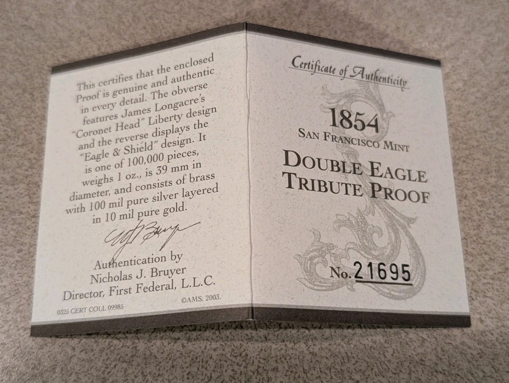 1854 S Double Eagle $20 Tribute Proof - Reproduction