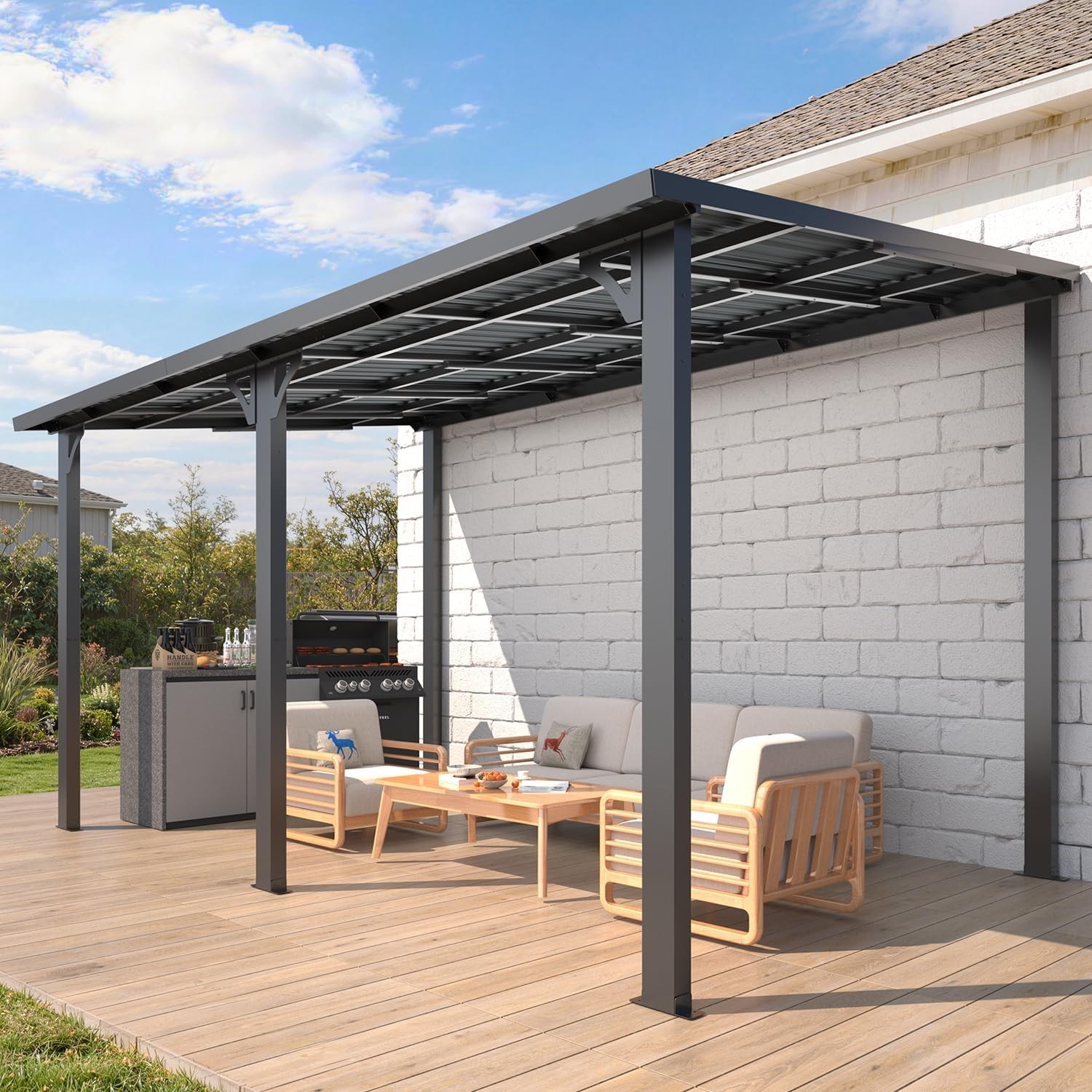 Galvanized Steel Hardtop Lean-to Gazebo Patio Pergola Awning