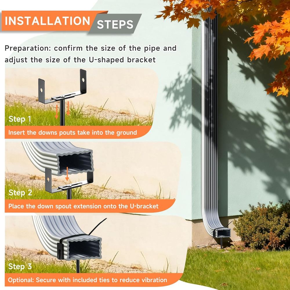 Black Rainwater Downspout Bracket with Strap, Adjustable Heavy-Duty Galvanized I