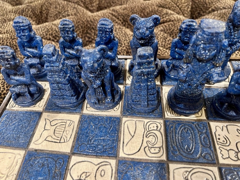 Vintage Handmade Mayan/Aztec Chess Set W/drawer - Complete- Does Not Fold