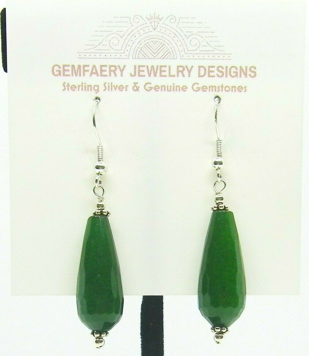 Sterling Silver Faceted NEPHRITE JADE Teardrop Dangle Earrings...Handmade USA
