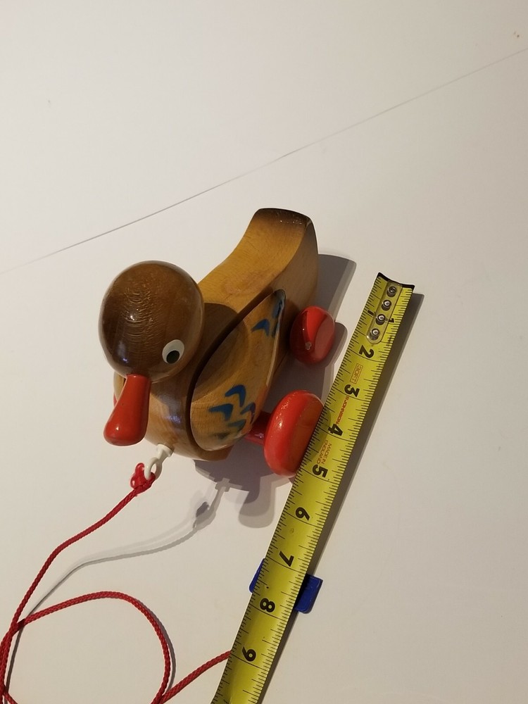 Vintage Wobbly Solid Wooden Animated Duck Pull Along String By Simba Rare!