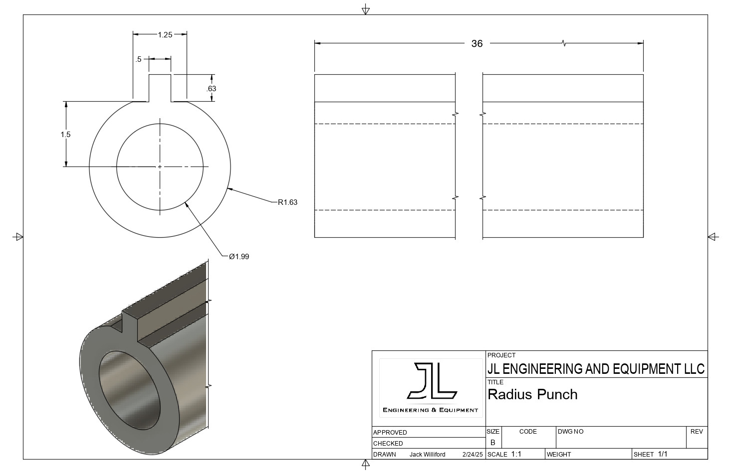 Press Brake Radius Top Punch 36" Long, 3-1/4" Diameter