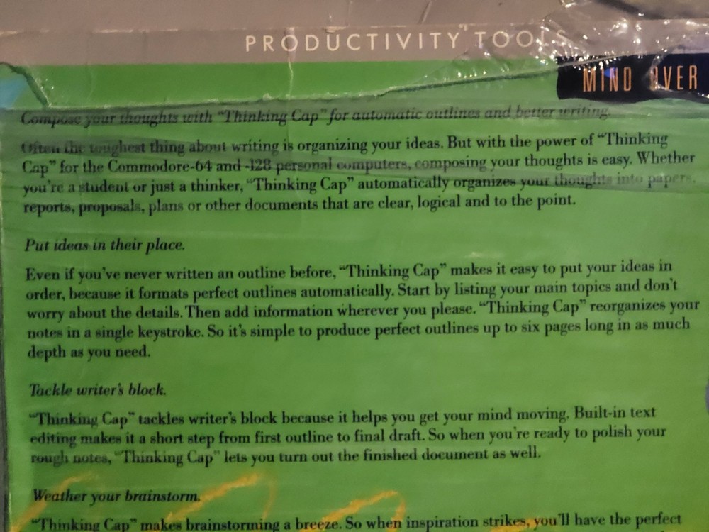 Thinking Cap The Outline Processor by Broderbund for C64 - C128 RARE. UNTESTED