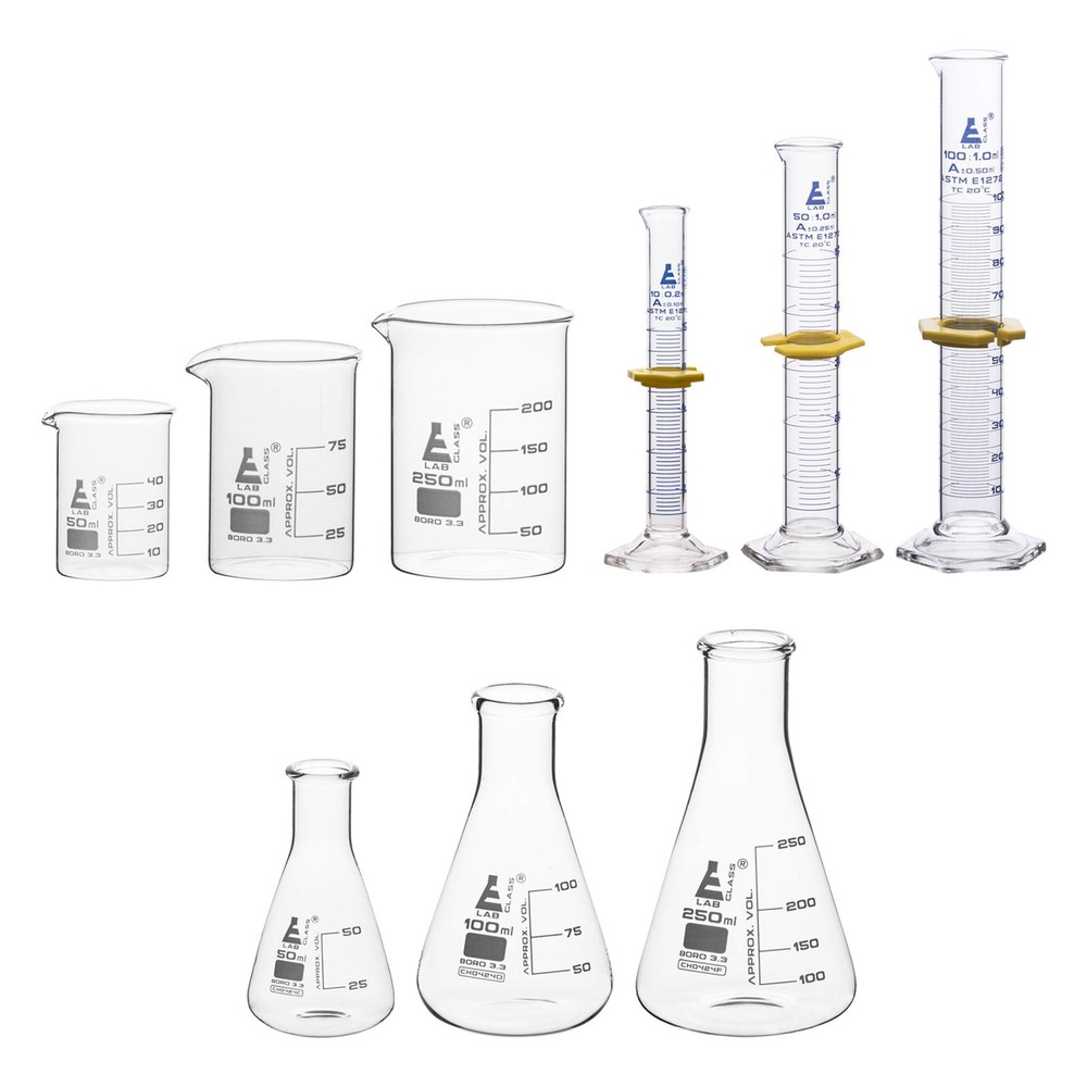 Laboratory Glassware Set, 9pcs - Includes Beaker Set (3pcs), Erlenmeyer Flask...