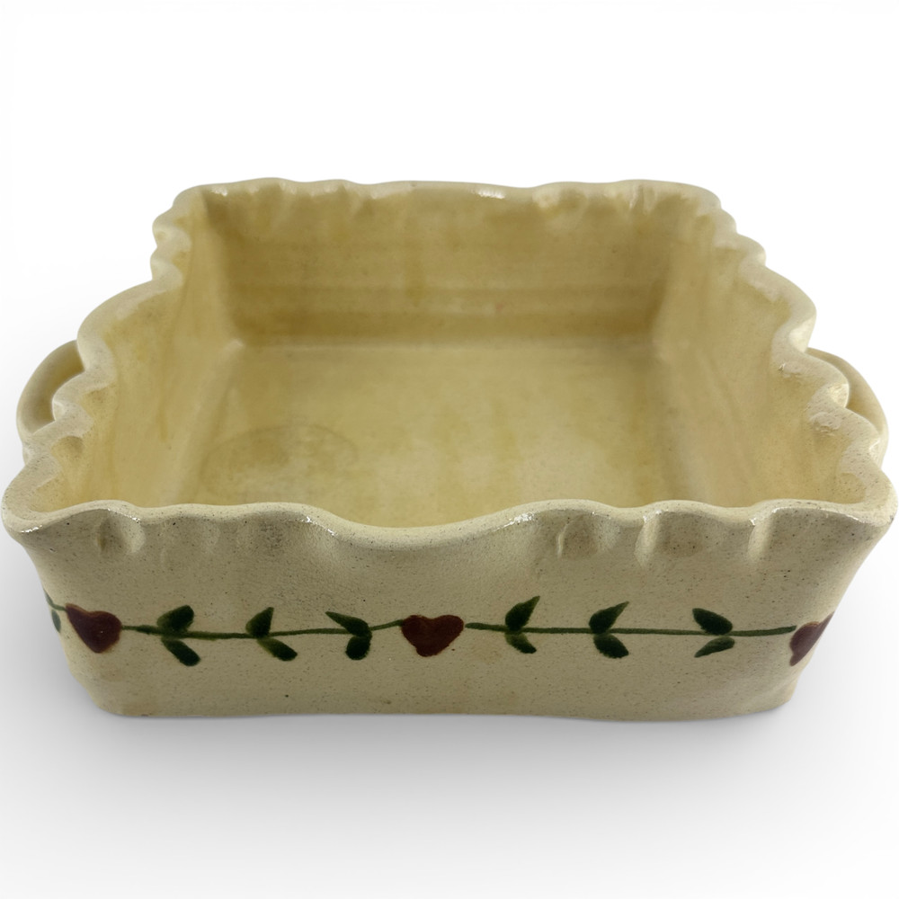 Ceramic Square Baking Dish 9in Beige Hearts Vine Handles Rustic Kitchen Decor