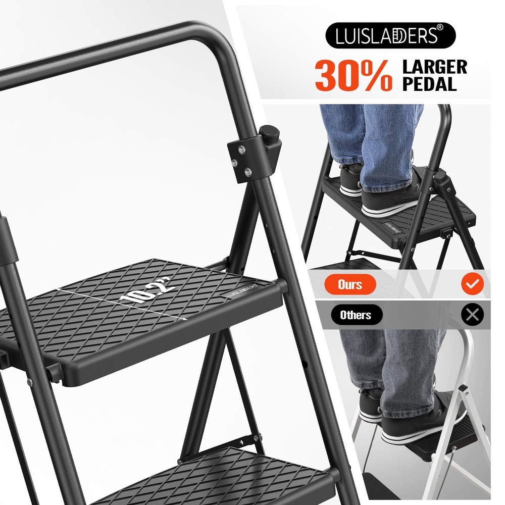 LUISLADDERS 3 Step Ladder with Handrails, Folding Step Stool with Widened Ant...