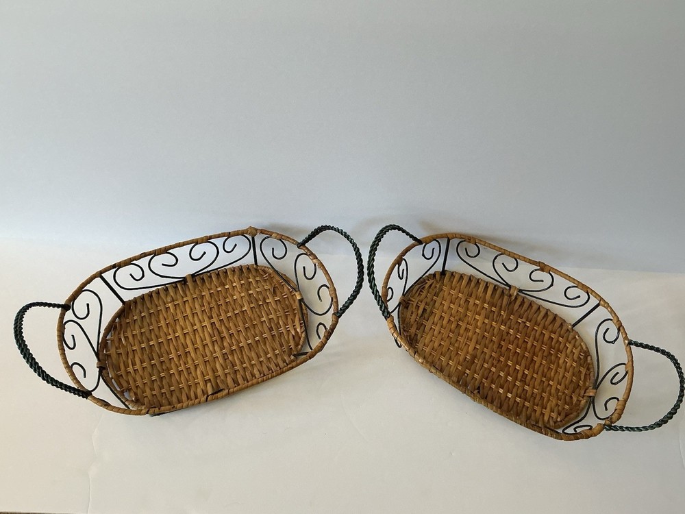 Set 2 Wicker Rattan Baskets Metal Scroll Oval Serving Tray Rustic Boho Decor