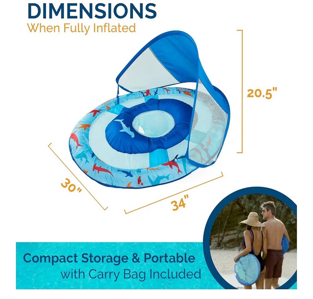 Swimways Sun Canopy Spring Baby Float Hyper-Flate Valve - Shark - Soft Mesh NEW