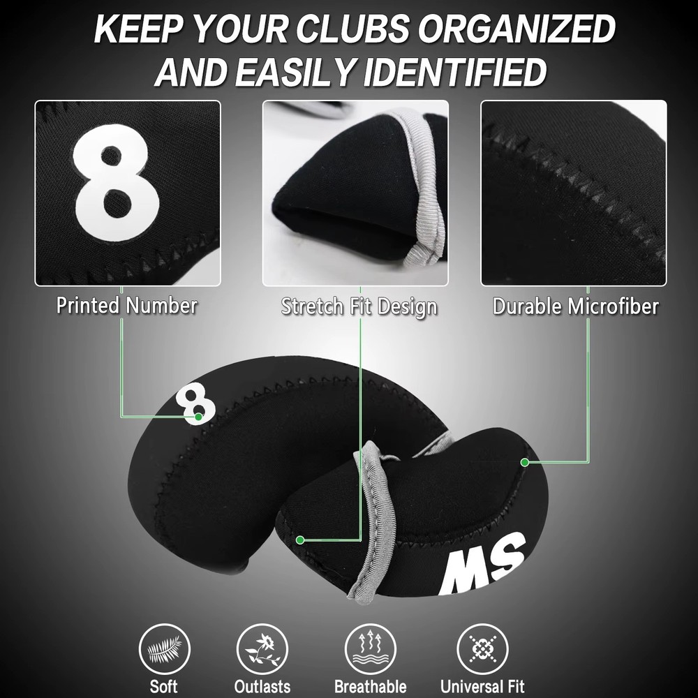 10pcs Golf Iron Head Covers Set with Putter Protector Durable Lightweight Black