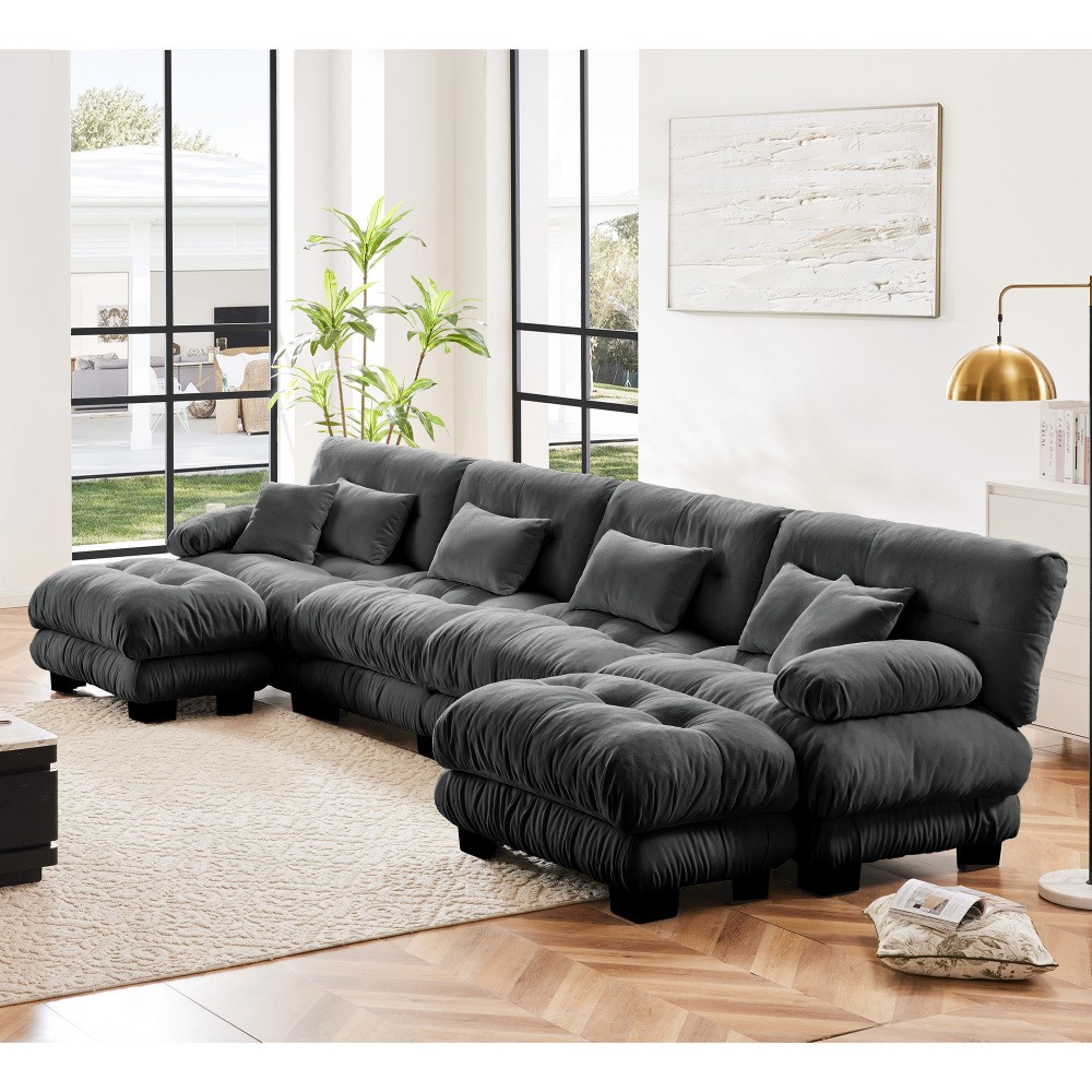 Gray Chenille Modular Sofa,4-Seater Cloud Couch + 2 Ottomans,Free Combination