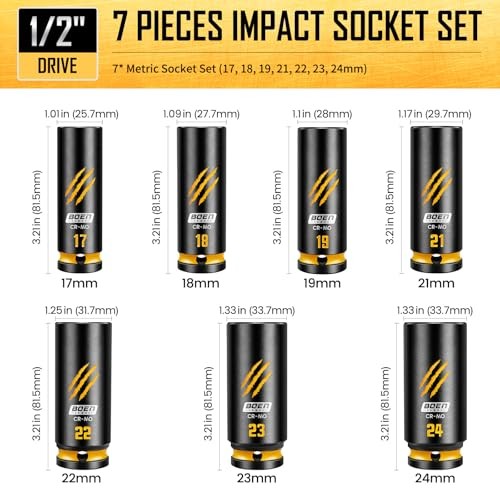 7-Piece 1/2" Drive Impact Socket Set, Deep Metric Lug Nut Socket Set (17, 18,