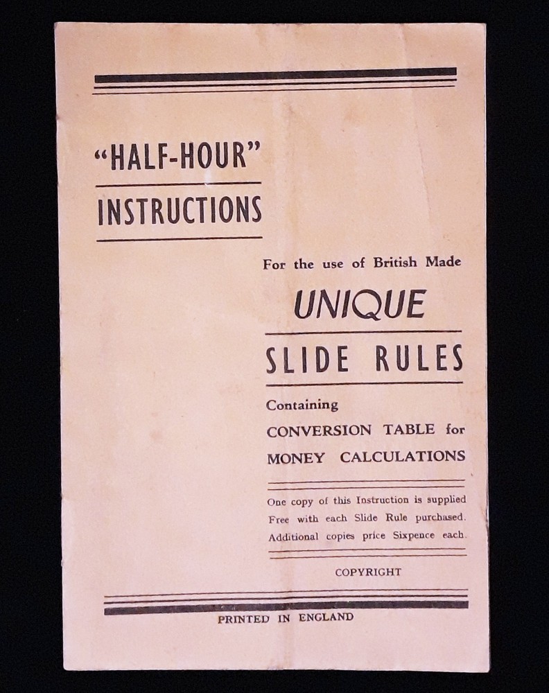 Vintage Unique Slide Rules "Half-Hour" Instructions Booklet / Manual