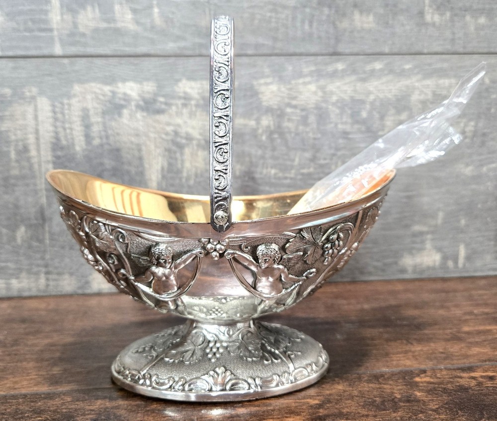 Vtg Corbell & Co Silver & Gold-Plated Oval Dish w Handle and Spoon