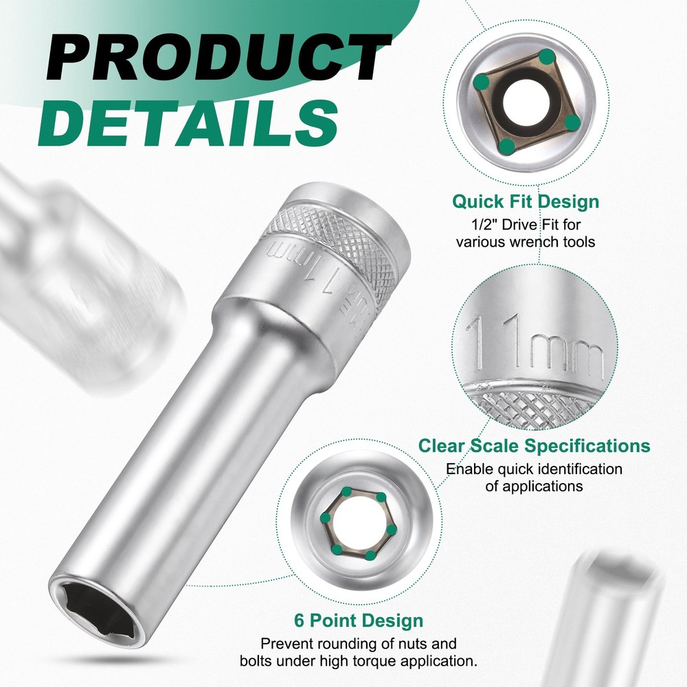 3pcs 6 Points Deep Socket 1/2" Drive 11mm Nickel Plating Hex Socket 3.1" Long