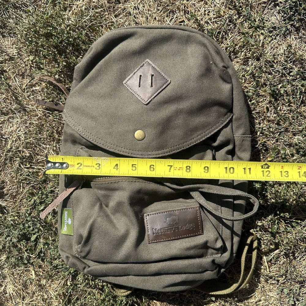 Natures Lodge Backpack, Olive Green Canvas W/Leather Pulls