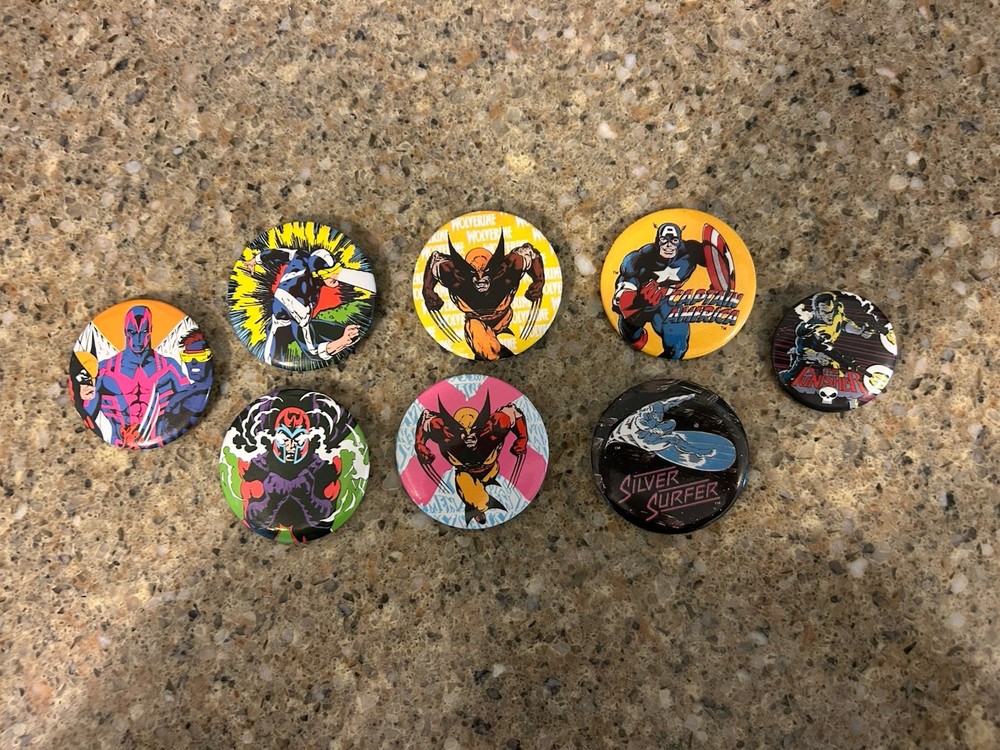 8 Marvel Comic Button Pins Wolverine Magneto Cyclops Silver Surfer Archangel
