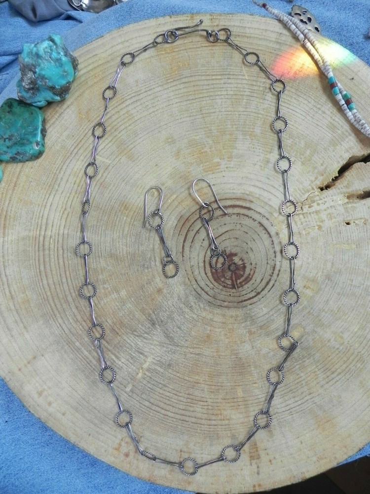 Sterling Silver Round & Long link Necklace & Earrings SET