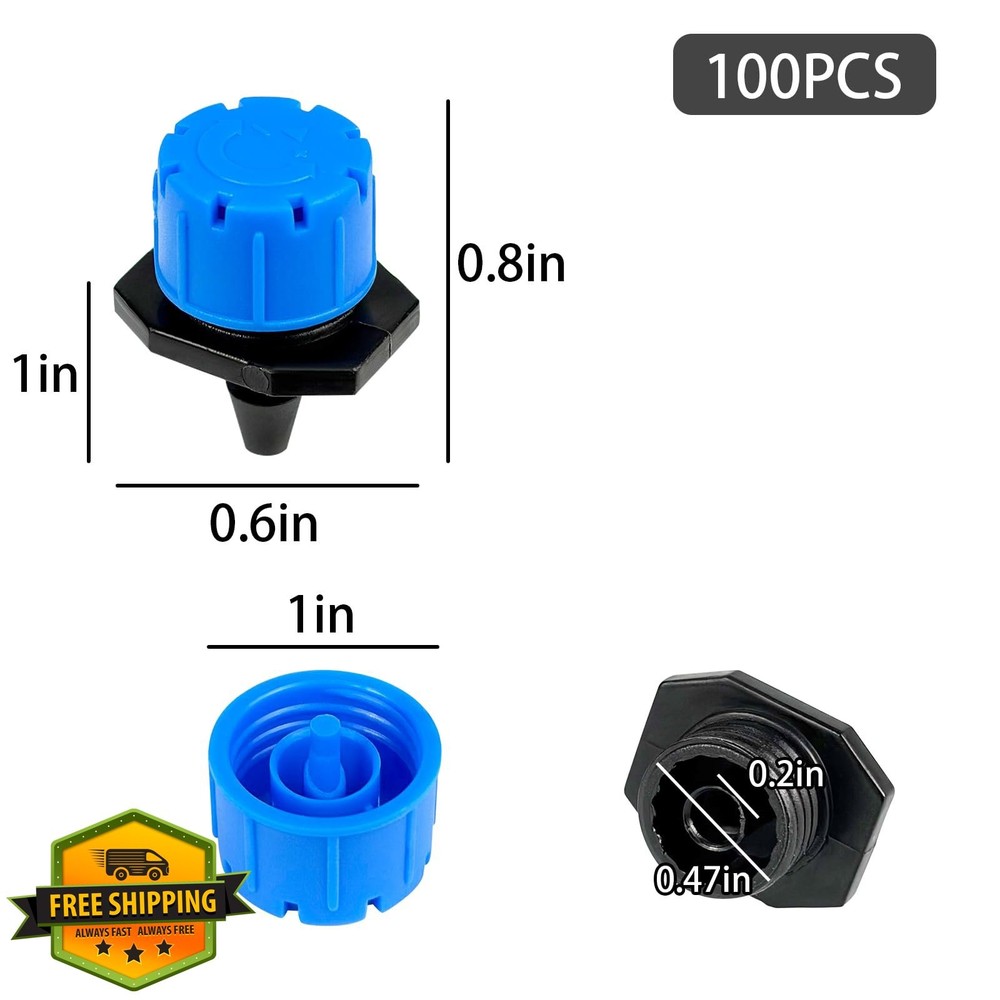 100pc Adjustable Drip Irrigation Emitters Blue 1/4 Inch Micro Drip