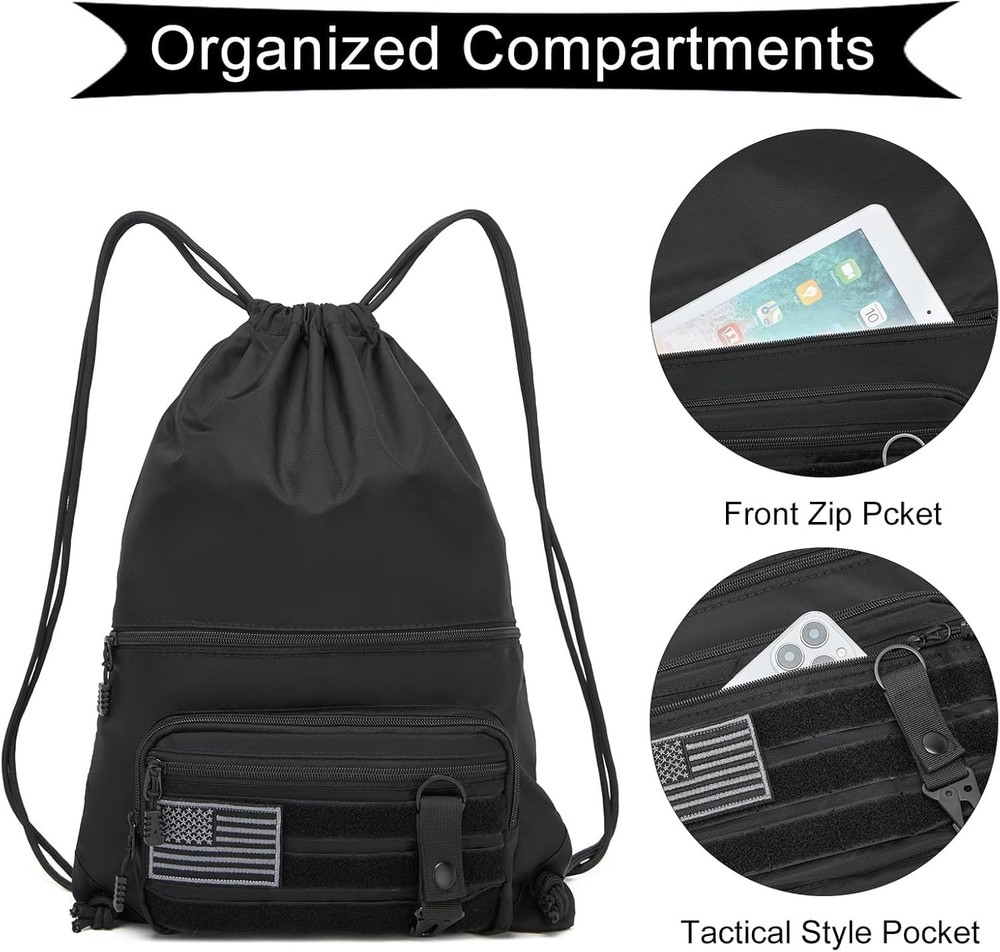 seyfocnia Drawstring Backpack Tactical String Bag with Zipper Pockets Black
