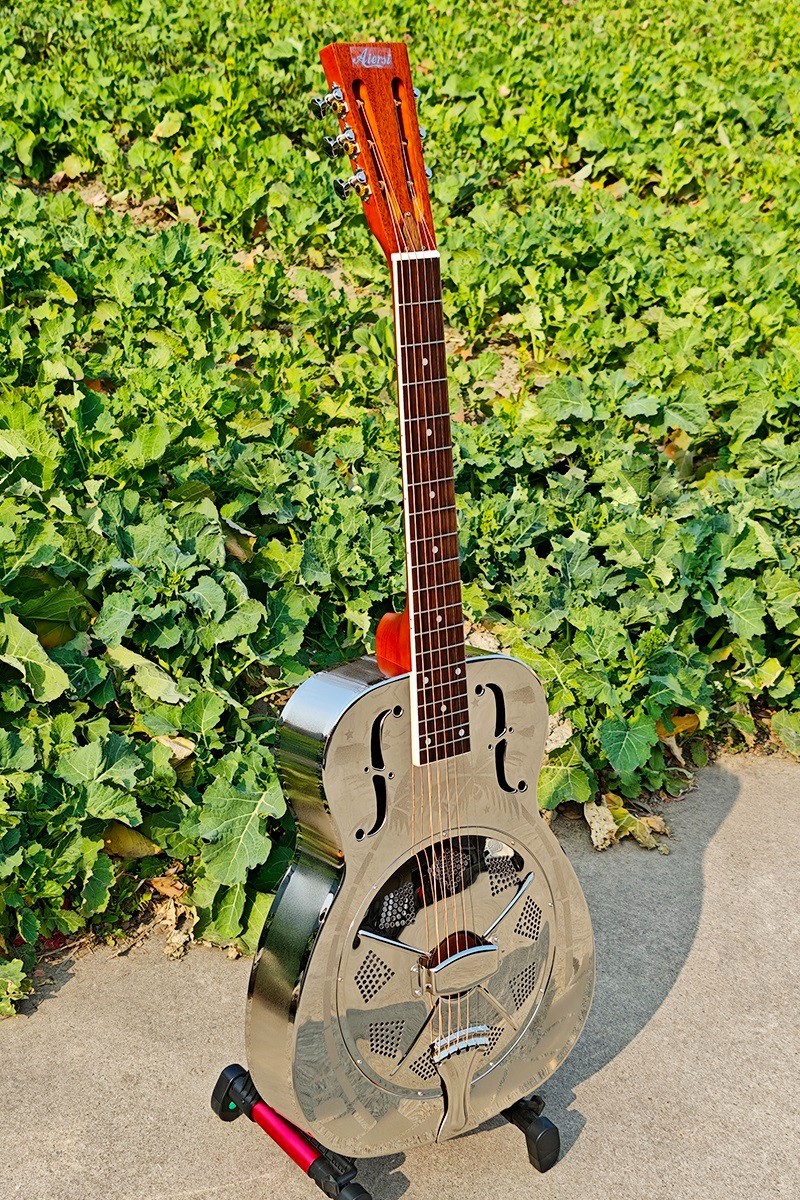 Aiersi O Style Glossy Tree Pattern Brass Resonator Guitar with Hard Case