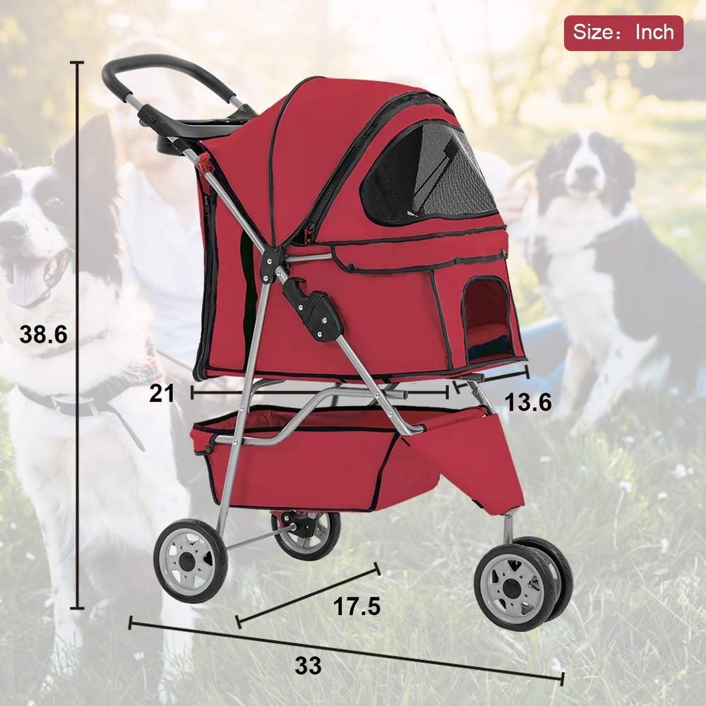 3 Wheel Pet Stroller Foldable Waterproof Carrier Red