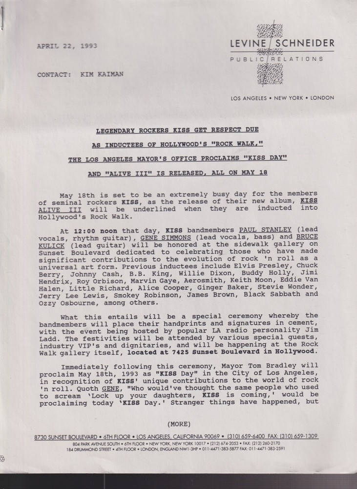 press release for kiss  rock walk kiss day in Los Angeles & kiss alive III 1993