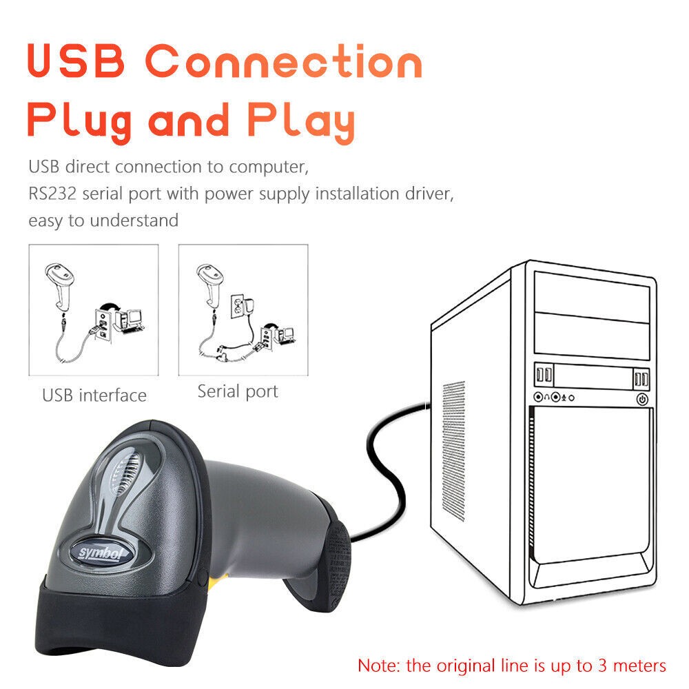 Symbol LS2208-SR20007R-NA Wired USB 1D POS Code Barcode Scanner Reader w/Stand