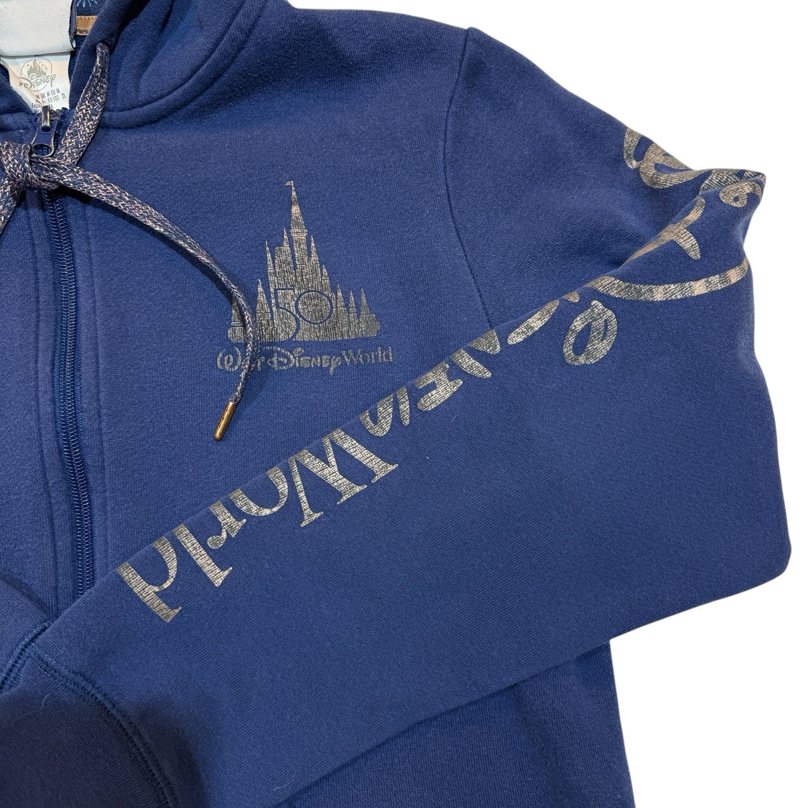 Walt Disney World 50th Anniversary Full Zip Up Hooded Hoodie Sweatshirt Blue Med