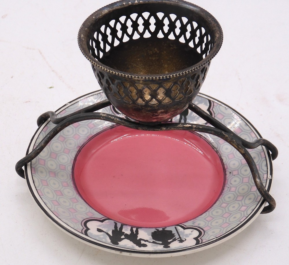 Antique Pierced Silver-Plated Egg Server Mounted on Plate Pottery English Maker