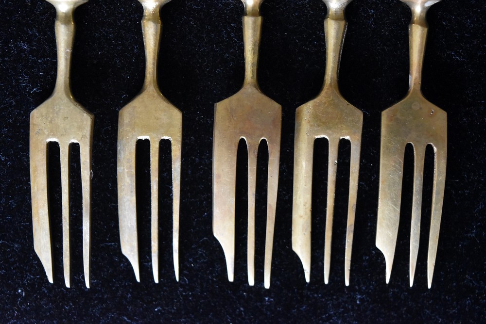 Antique Germany .800 Silver Handle and Brass 5 Fork Set