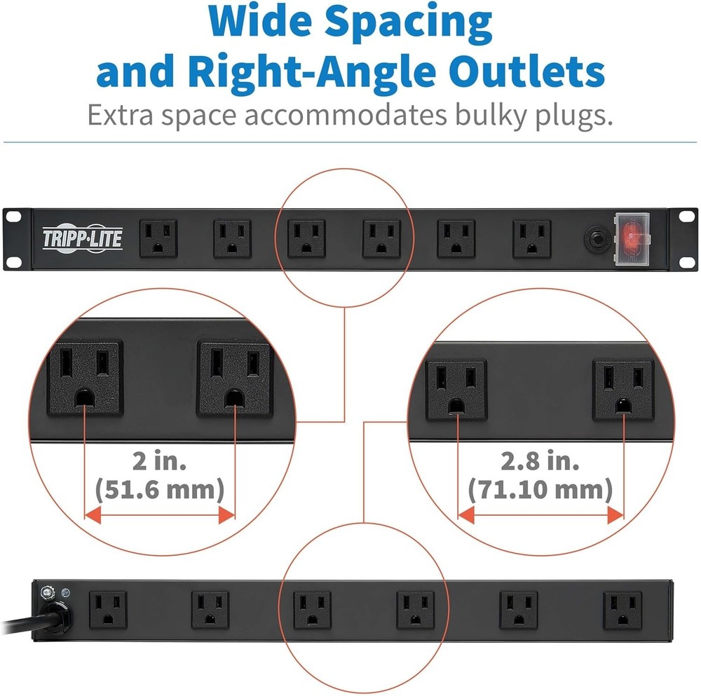Mountable Power Strip with 15A Current and 15ft Long Right-Angle Plug Cord