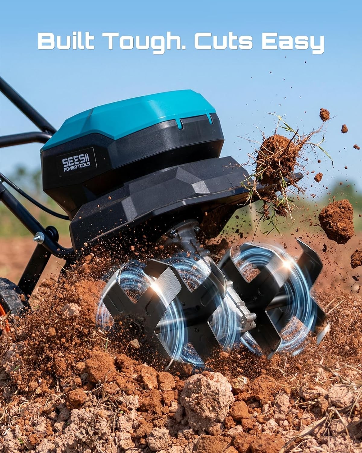 Seesii Cordless Cultivator 40V 12" Width 4x4Steel Tines 2x5000mah Battery Tiller