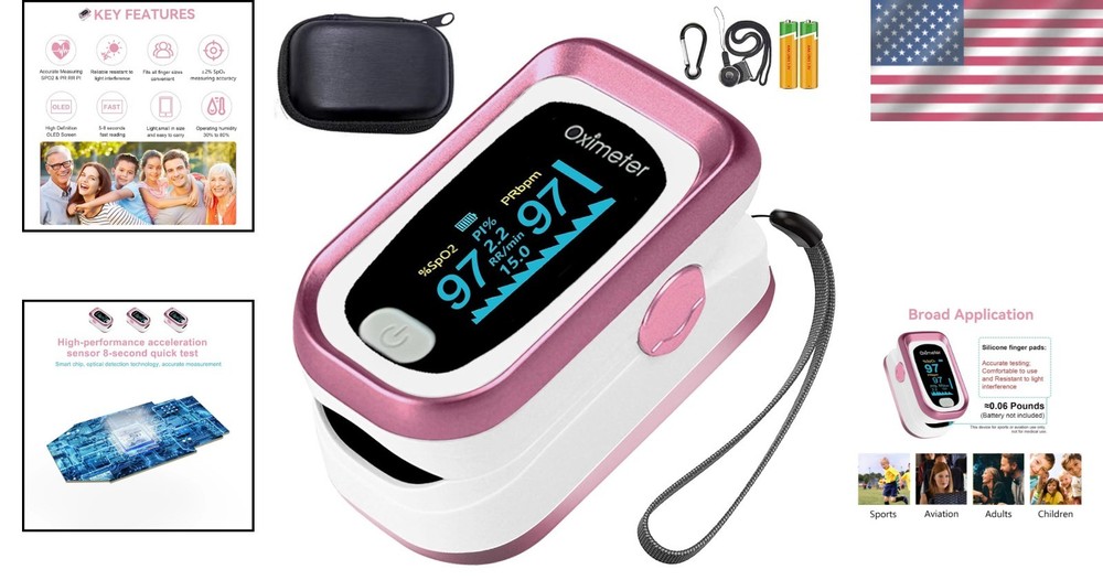 Accurate 4-Data Pulse Oximeter in Pink with Real-Time Respiratory Function