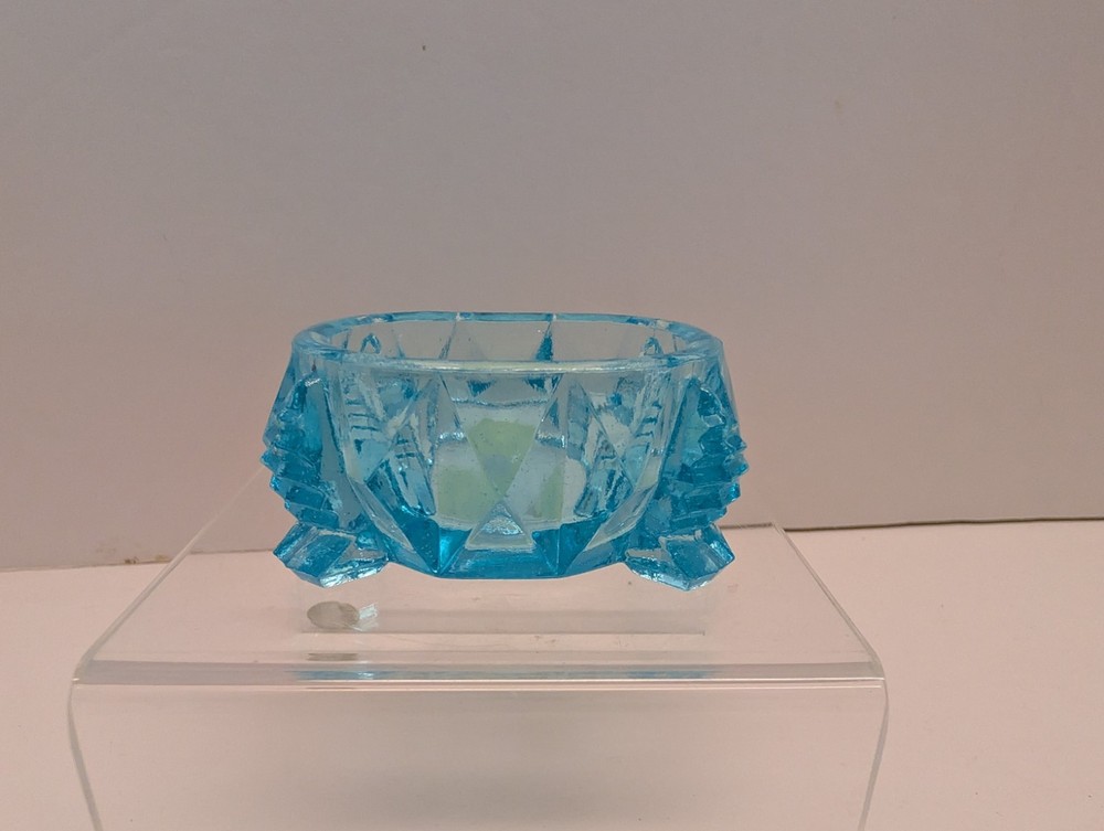 Antique Blue Pressed Glass Footed Open Salt Cellar Dip Diamond Pattern